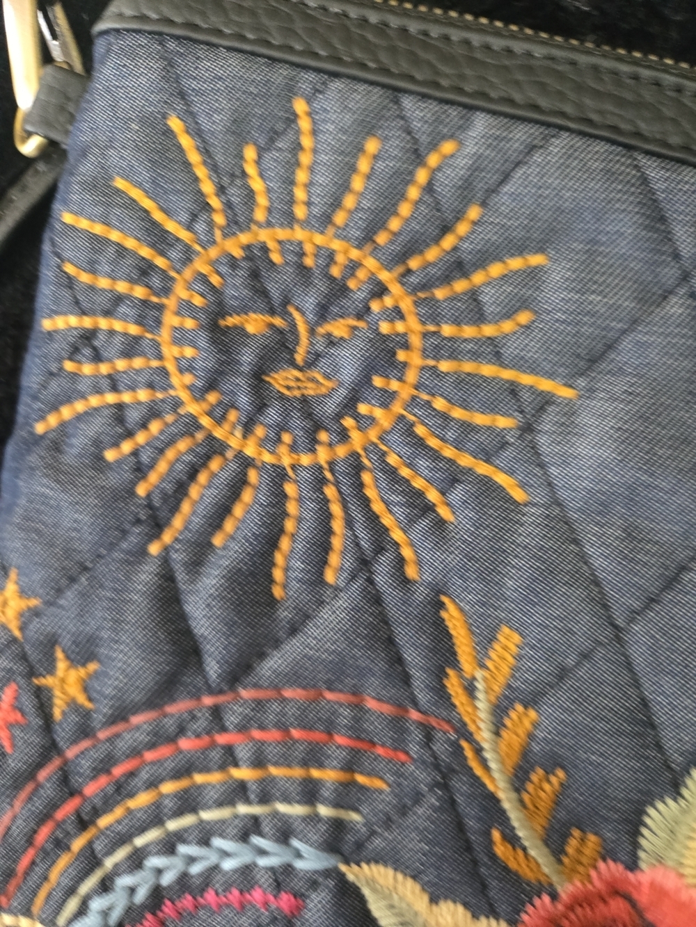 Johnny Was Navy Blue Quilted Crossbody Bag with Gold Embroidery